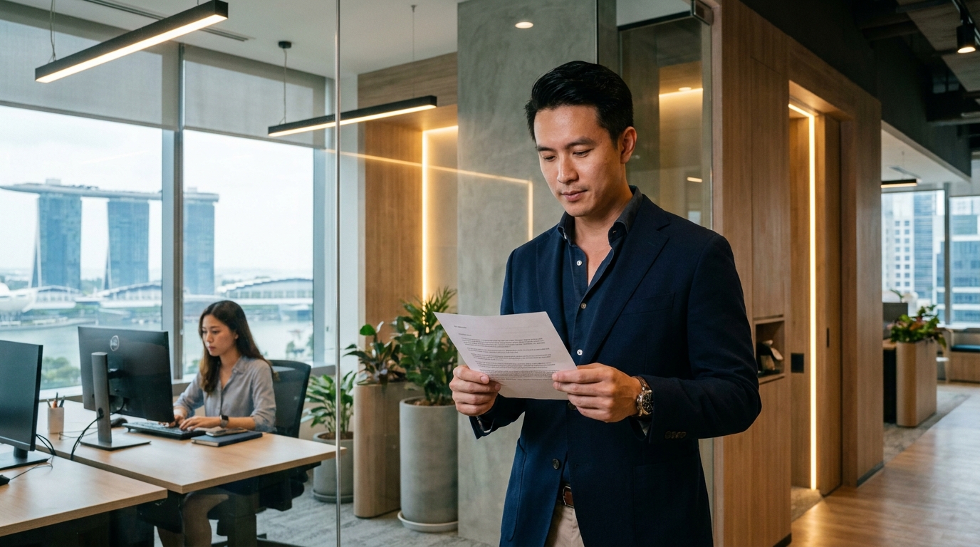 A man in business casual attire standing in a modern Singapore office, holding a printed letter and looking at it, with a colleague seated at a desk in the background working on a computer, neutral office interior with glass partitions and warm lighting
