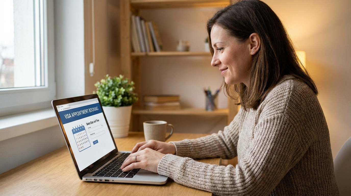 A person sitting at a desk using a laptop to book a visa appointment online, screen showing a generic appointment booking interface, soft natural lighting, neutral home office background