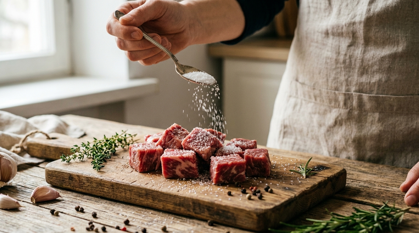 A person's hand sprinkling fine salt from a teaspoon onto raw beef cubes resting on a wooden cutting board, home kitchen with natural daylight, close-up shot showing the salt grains in mid-air