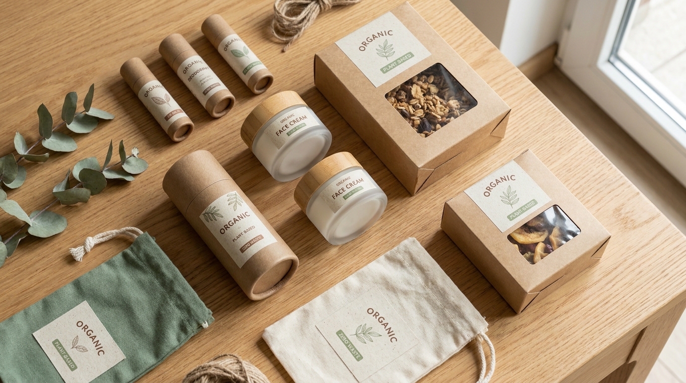 Beberapa kemasan produk skincare dan makanan dengan gaya ramah lingkungan, memakai warna cokelat tanah, hijau muda, dan krem, permukaan matte tanpa kilap, ditata rapi di atas latar kayu terang