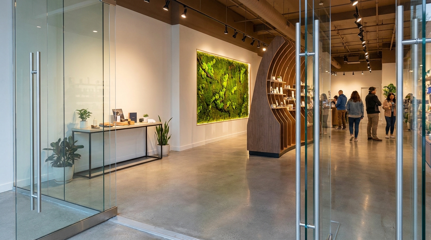 Interior of a modern retail store showing the entrance and the first few metres of open floor space, with an uncluttered decompression zone and a visual anchor further back inside the store