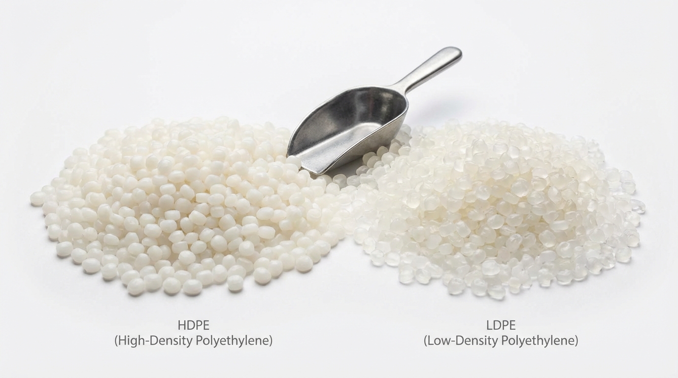 HDPE and LDPE plastic resin pellets side by side showing difference in appearance