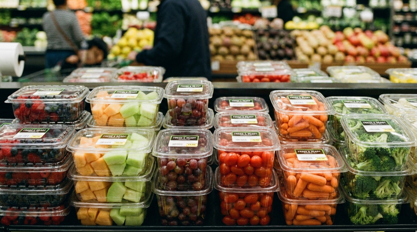 Clear thermoformed plastic food trays containing fresh fruits and vegetables on a supermarket shelf