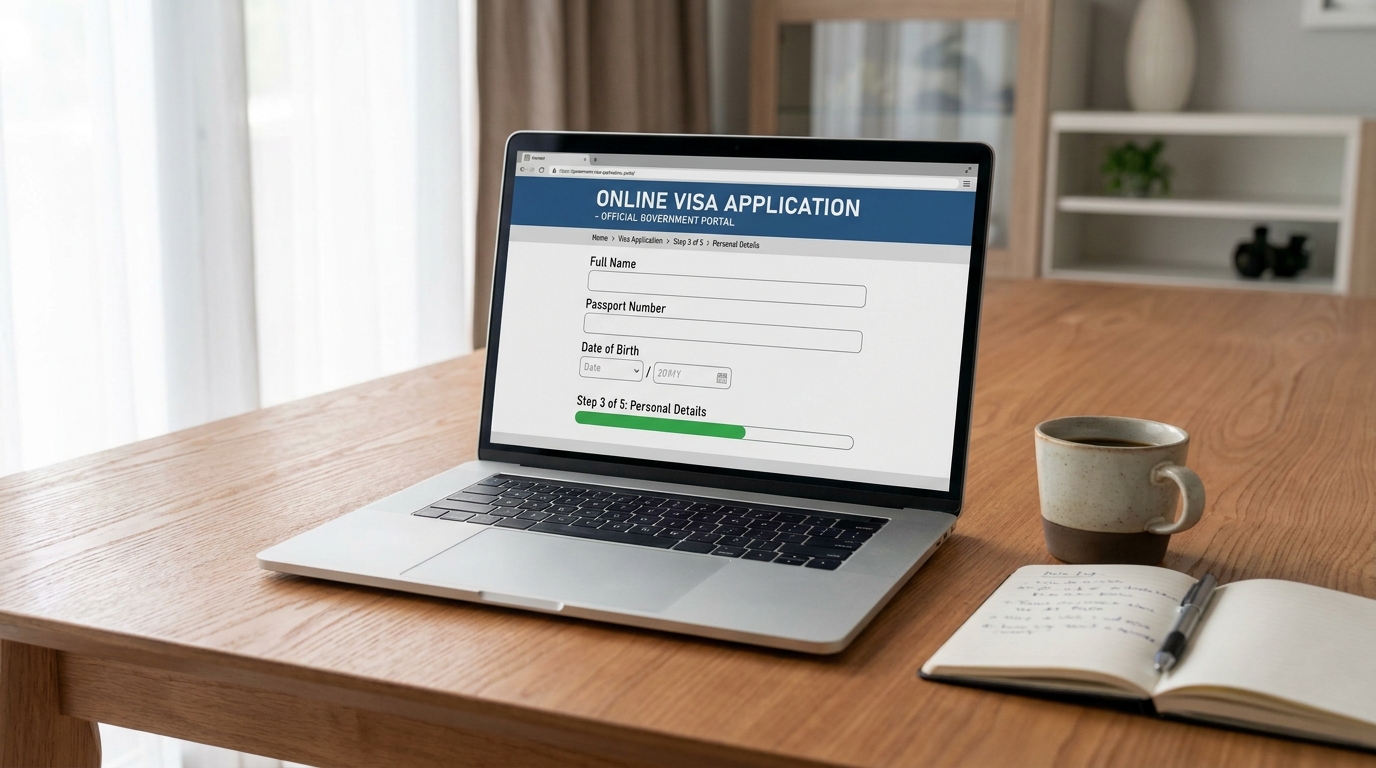 A laptop screen displaying a generic online government visa application portal with form fields and a progress bar visible, placed on a clean home desk with a coffee cup and a small notebook beside it, photographed at eye level in natural daylight