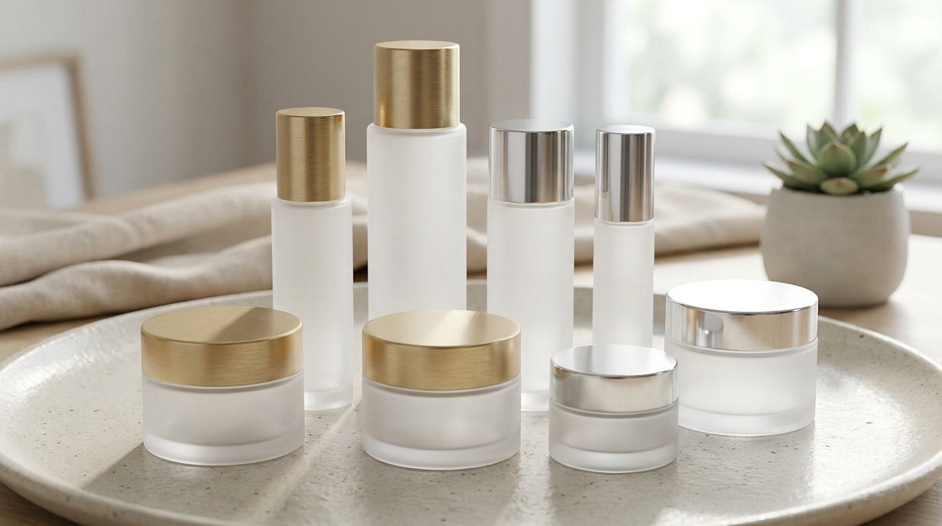 Beberapa botol dan toples skincare dari plastik buram (frosted) berdinding tebal dengan tutup warna emas dan perak, ditata rapi di atas permukaan terang dengan pencahayaan lembut