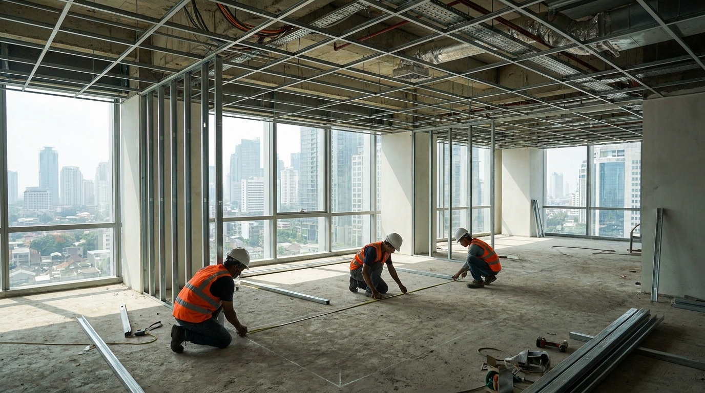 A large open commercial floor plate under construction in Jakarta, with steel ceiling grid partially installed, electrical conduits visible, several workers in safety vests measuring partition lines on the concrete floor