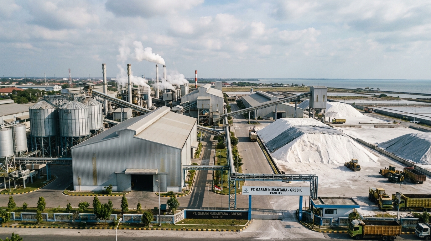 Pabrik pengolahan garam modern berskala besar dengan bangunan industrial, cerobong, dan area penyimpanan garam di kawasan industri Gresik