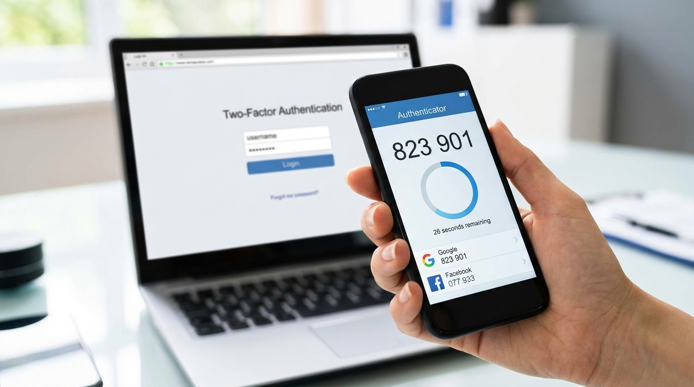 A smartphone held in one hand showing a generic authenticator app interface with a six-digit verification code and a circular countdown timer, with a slightly blurred laptop screen in the background