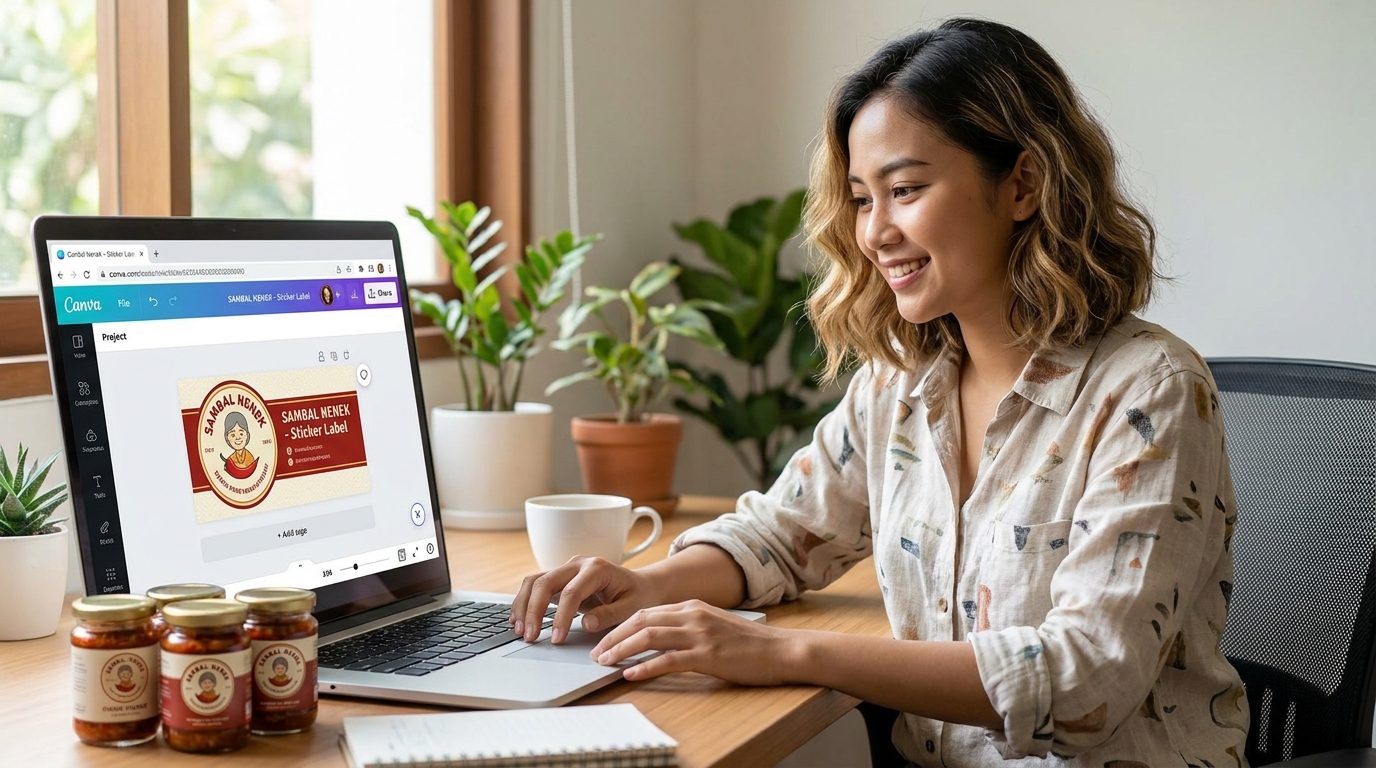 A young Indonesian small business owner working on a laptop, designing a product sticker label using an online design tool, with a few small packaged food products and a coffee cup on the desk beside her