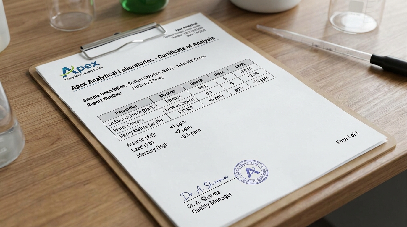 Sertifikat hasil uji laboratorium garam menunjukkan parameter NaCl, kadar air, dan logam berat