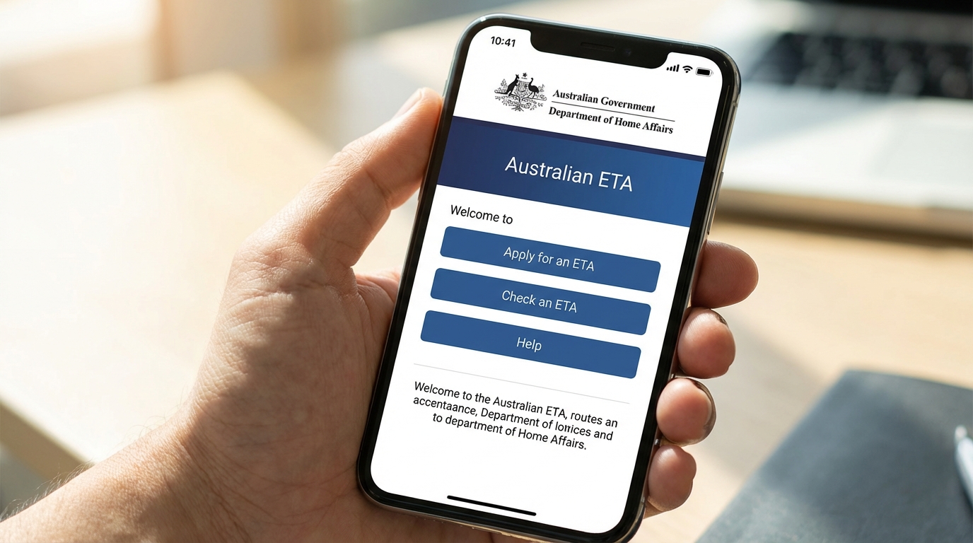 Smartphone screen displaying official Australian ETA app interface with Department of Home Affairs logo