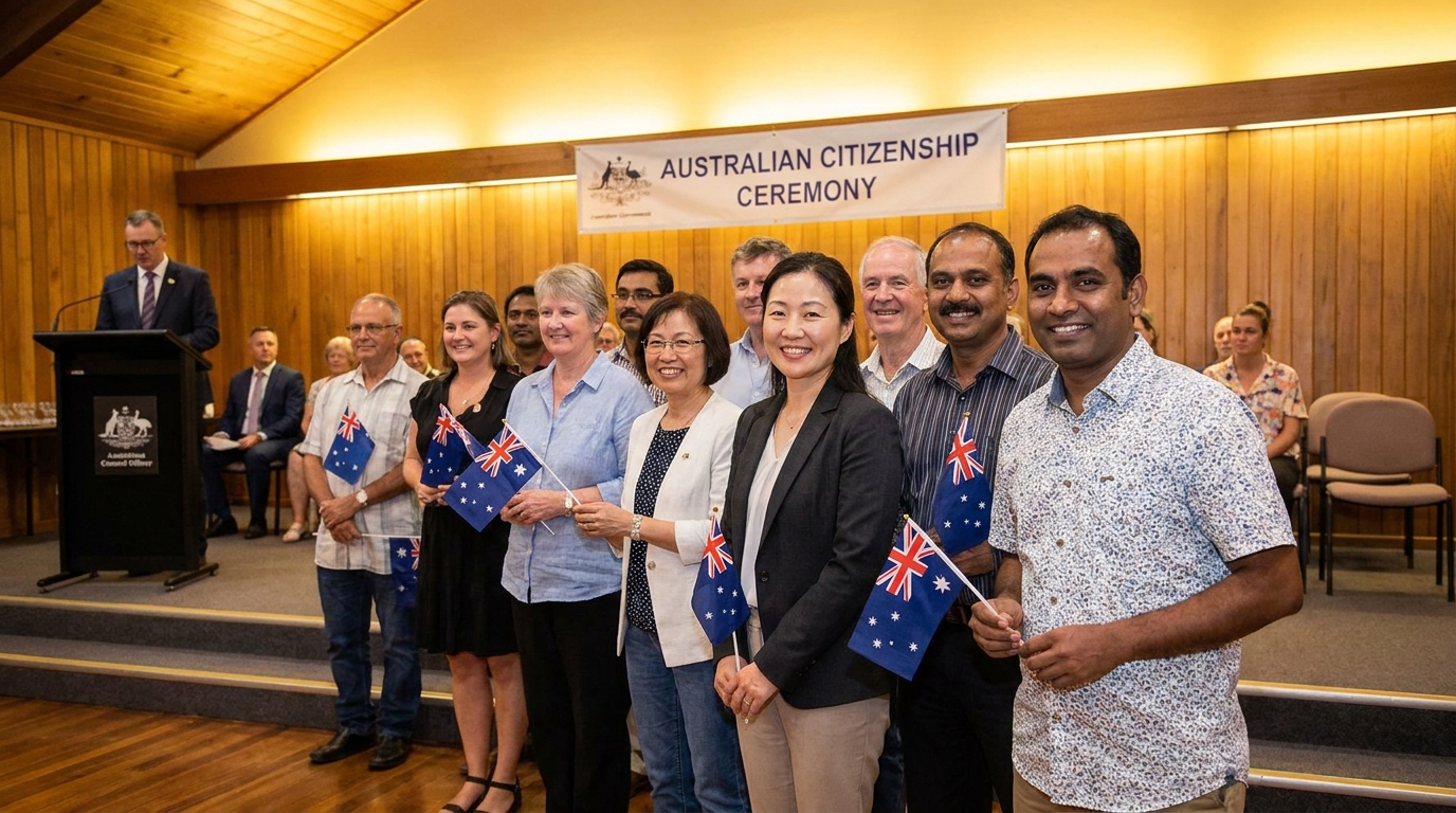 A row of new Australian citizens standing and holding small Australian flags during a citizenship ceremony in a community hall, diverse adults of various ages and ethnicities including East Asian and South Asian faces, a local council officer at a wooden lectern in the background, warm indoor lighting, realistic photograph