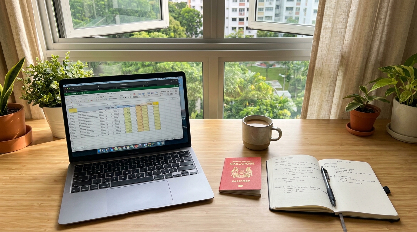 A quiet home office desk in Singapore with an open laptop showing a generic spreadsheet, a passport and a notebook placed beside it, soft morning light coming through a window, photographed from above in natural light