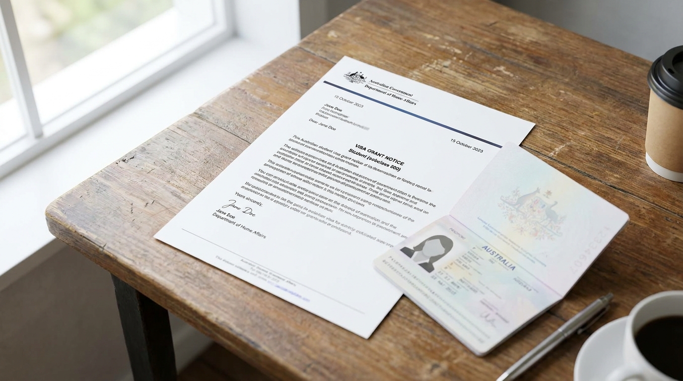 Australian student visa grant letter document printed on Department of Home Affairs letterhead, placed next to a passport on a wooden desk, soft natural daylight