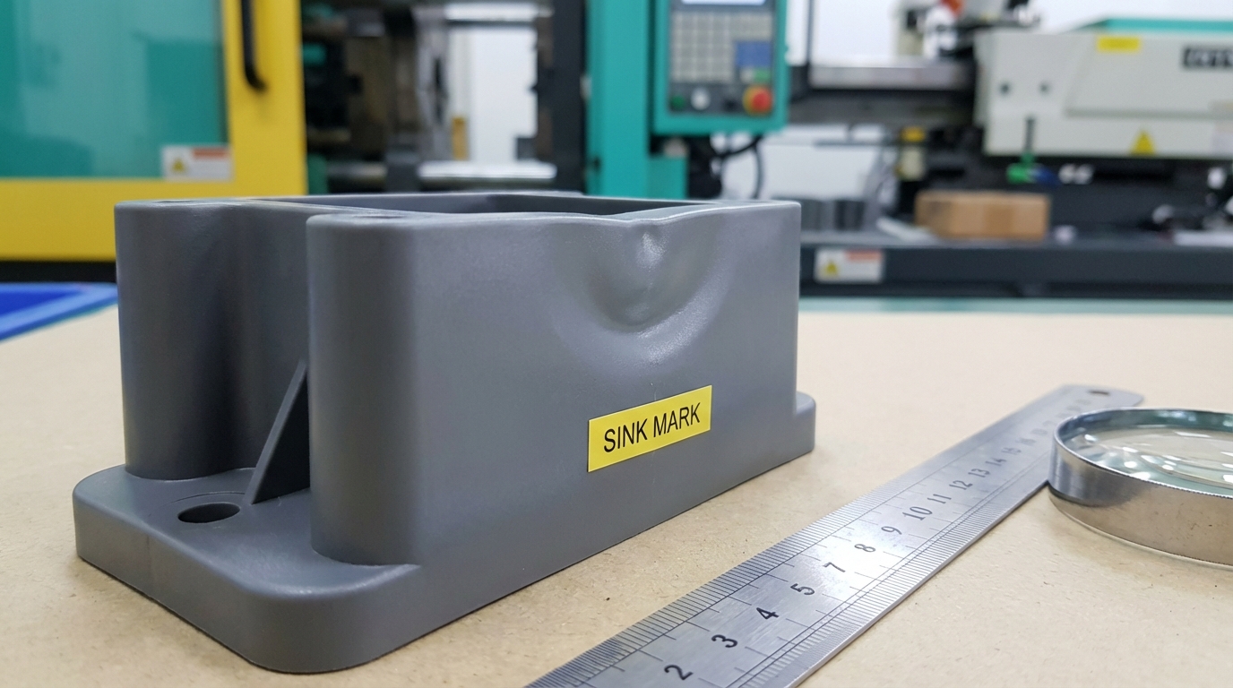 Sink marks defect on thick-walled plastic injection molded part showing surface depression