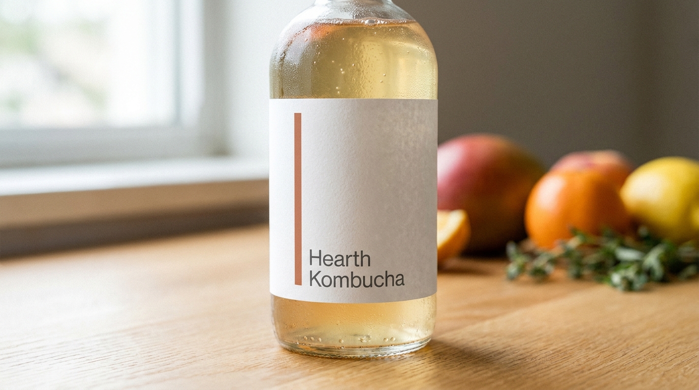 A glass bottle of kombucha with a plain white paper label, a single thin colored stripe, and the brand name in a simple clean font, sitting on a light wooden table