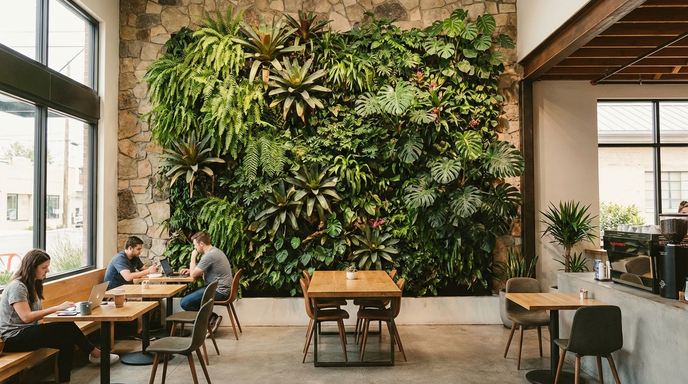Vertical garden living wall with tropical plants in cafe interior