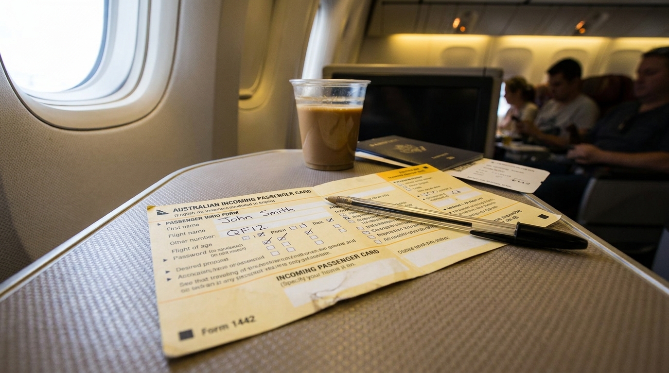 A close-up of the official Australian yellow Incoming Passenger Card (Form 1442) partially filled out with a black ballpoint pen resting on top, lying on an airline tray table, soft cabin lighting, realistic photograph