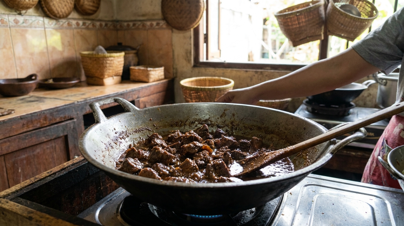 A large heavy pot of beef rendang being cooked on a stove, the coconut milk gravy reduced to dark brown oil with chunks of dark caramelized beef visible inside, traditional Indonesian kitchen setting