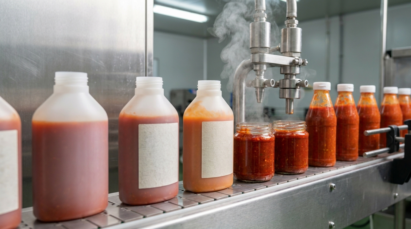 A row of translucent white polypropylene PP bottles and squat jars filled with hot sauce and chili paste, sitting on a stainless steel filling line conveyor, with steam visible rising from a heated filling nozzle in the background
