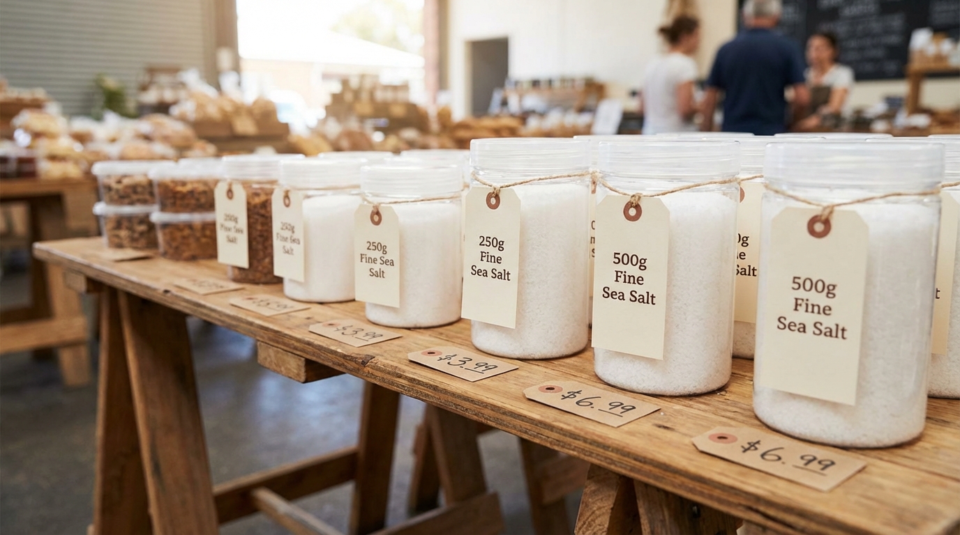 Beberapa kemasan plastik garam halus konsumsi berukuran 250 gram dan 500 gram dengan label putih sederhana berjajar di atas meja kayu, dengan label harga kertas kecil di depan setiap kemasan
