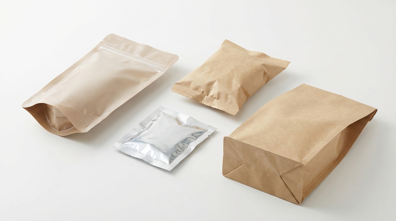 Various flexible packaging pouch types displayed on a white surface including a stand-up pouch, three-side seal sachet, pillow pouch, and flat bottom pouch