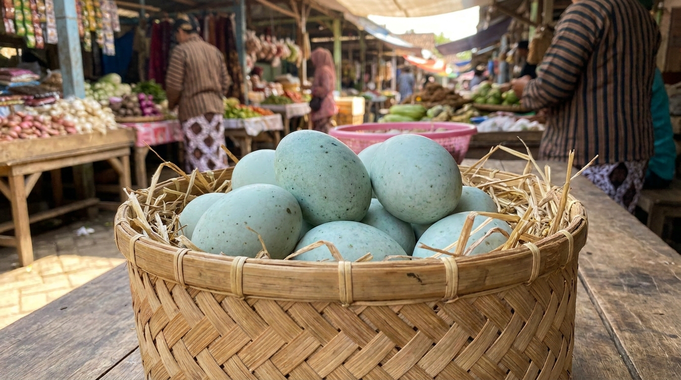 Telur bebek segar berwarna biru kehijauan tersusun di keranjang anyaman bambu di pasar tradisional Indonesia, pencahayaan alami