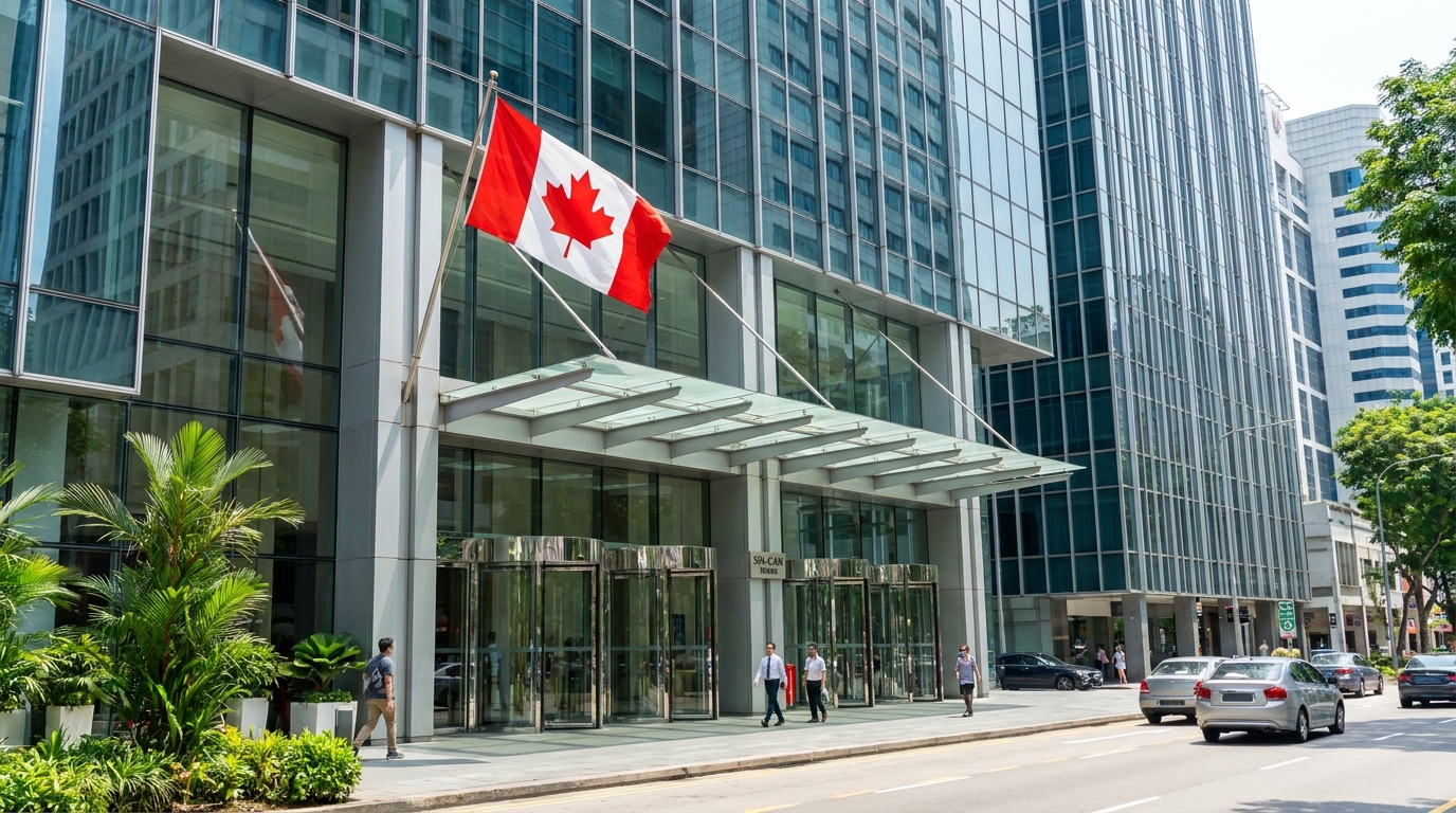 The exterior of a modern downtown Singapore office tower at street level during the day, with a Canadian flag flying outside the building entrance and clear glass doors at the ground floor