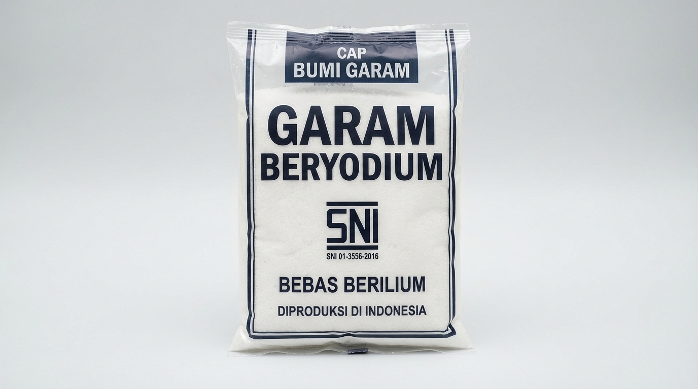Kemasan garam beryodium Indonesia tampak depan menunjukkan label SNI dan tulisan beryodium dengan jelas