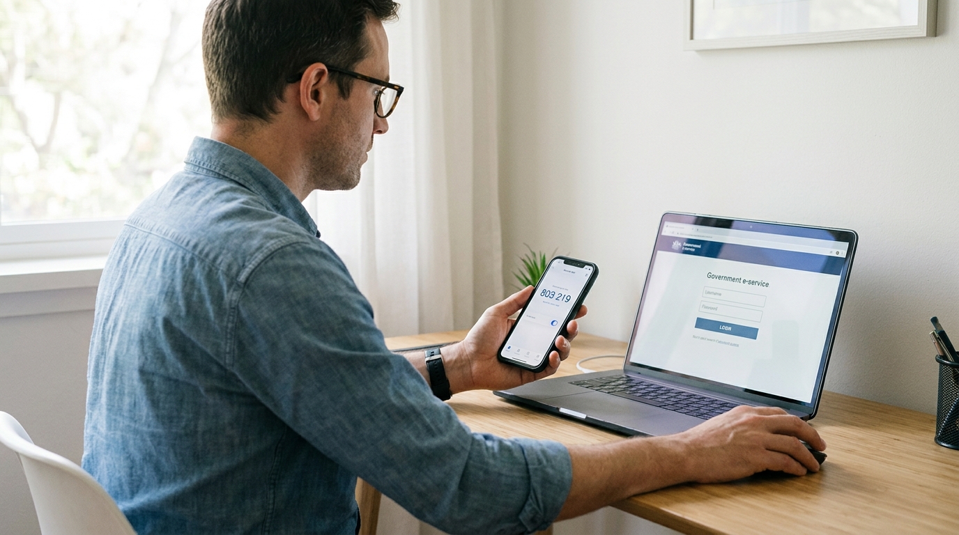 A person in their thirties seated at a tidy home office desk in front of a laptop, the laptop screen visible and showing a generic government e-service login page, a smartphone held in one hand showing an authentication code, soft natural daylight from a side window, mid-shot