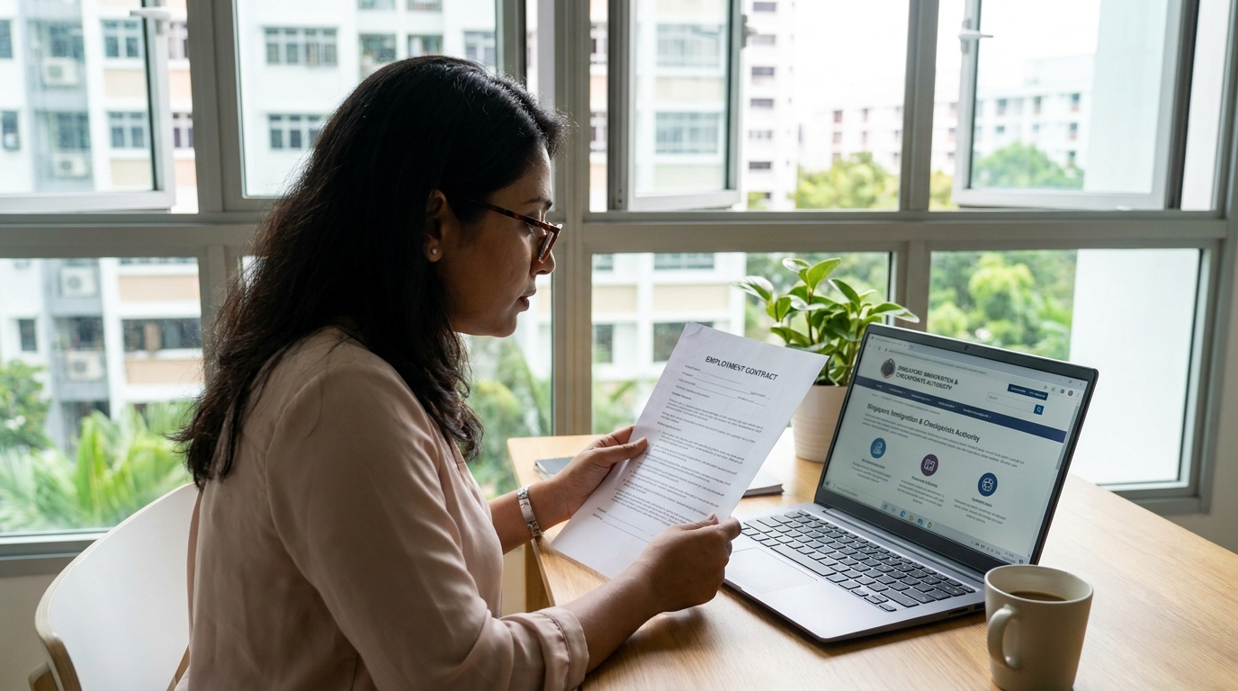 A person sitting at a home desk in a Singapore apartment reviewing a printed employment contract and a laptop showing a generic immigration information page, natural daylight through a window, photographed at eye level