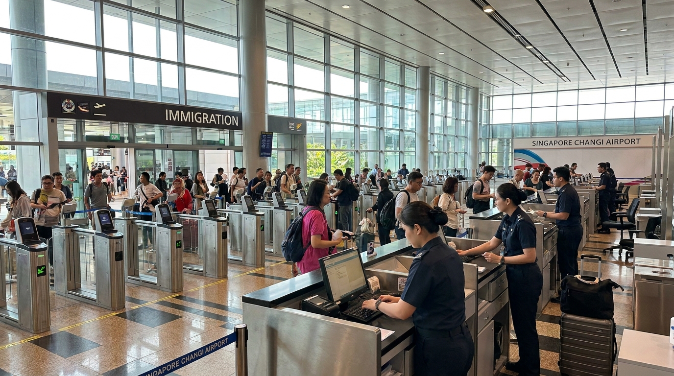 Singapore Changi Airport Terminal 3 immigration arrivals hall with electronic gates and ICA officers at counters during daytime