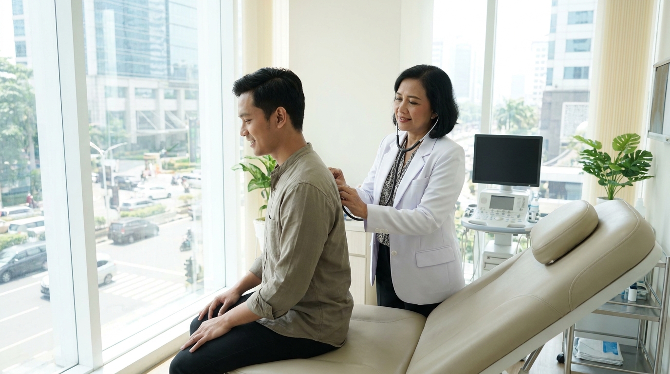 An Indonesian doctor in white coat performing a routine medical examination on a young adult patient seated on an examination chair in a clean modern Jakarta clinic, stethoscope in hand, bright natural lighting, realistic photograph