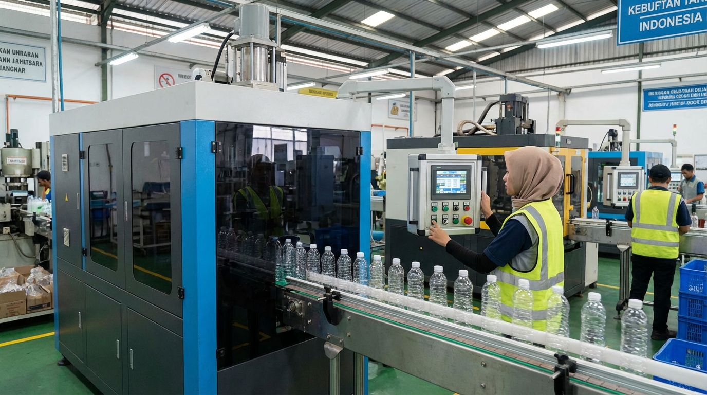 A factory worker operating a blow molding machine producing plastic bottles in an Indonesian manufacturing facility