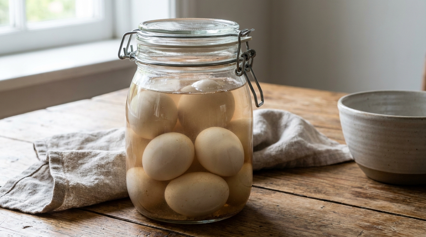 Toples kaca bening berisi sepuluh telur bebek terendam dalam larutan air garam keruh, ditutup rapat dengan tutup kaca, diletakkan di atas meja dapur kayu