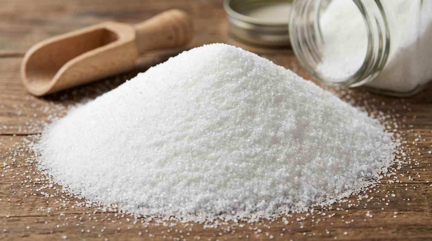 Fine white iodized salt crystals in pile showing uniform texture