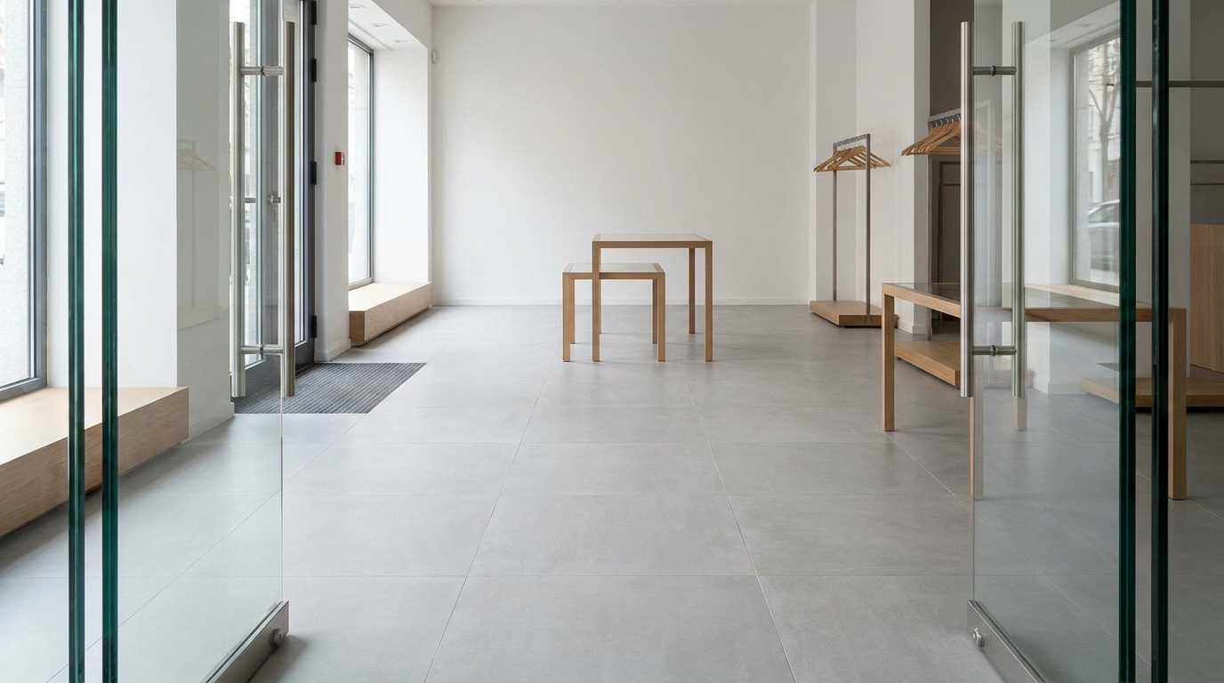 Modern small commercial retail space with large-format light grey porcelain tiles running continuously from front door to back wall, minimal grout lines, clean and uninterrupted floor plane