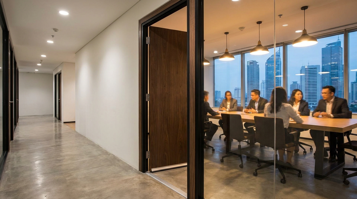 A modern Jakarta meeting room seen from the corridor, with a solid-core timber door partially open showing thick acoustic perimeter seals and a drop seal at the bottom, and a double-glazed glass wall alongside the door revealing a warmly lit meeting table inside