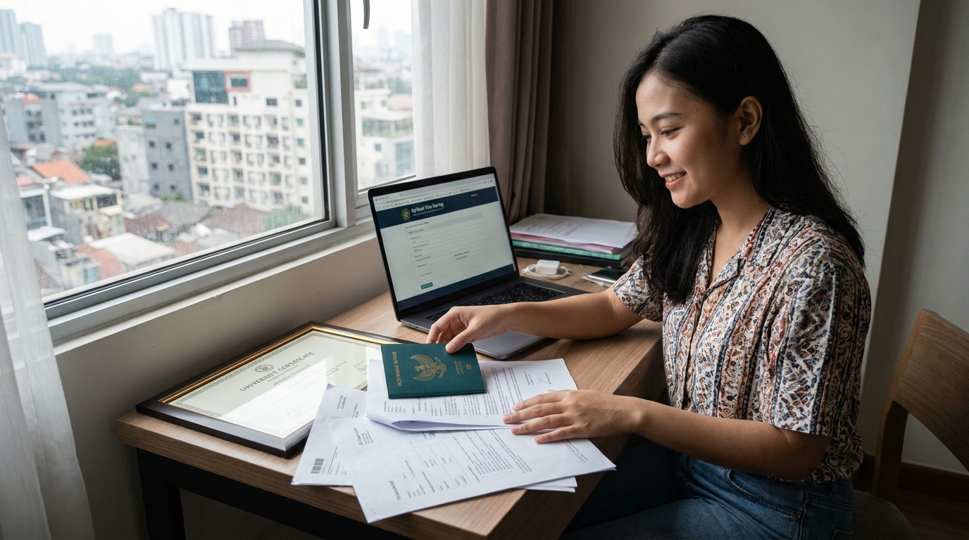 A young Indonesian adult in casual clothes sitting at a home desk in Jakarta organizing a stack of documents including an Indonesian passport, university diploma, and printed bank statements, laptop open showing a visa application page, soft natural daylight from a window, realistic photograph
