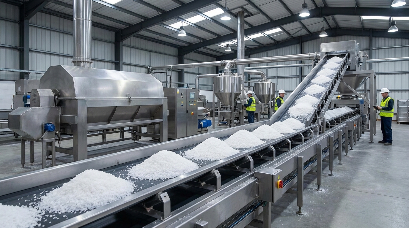 Deretan mesin produksi garam modern dengan conveyor belt di dalam pabrik berskala besar