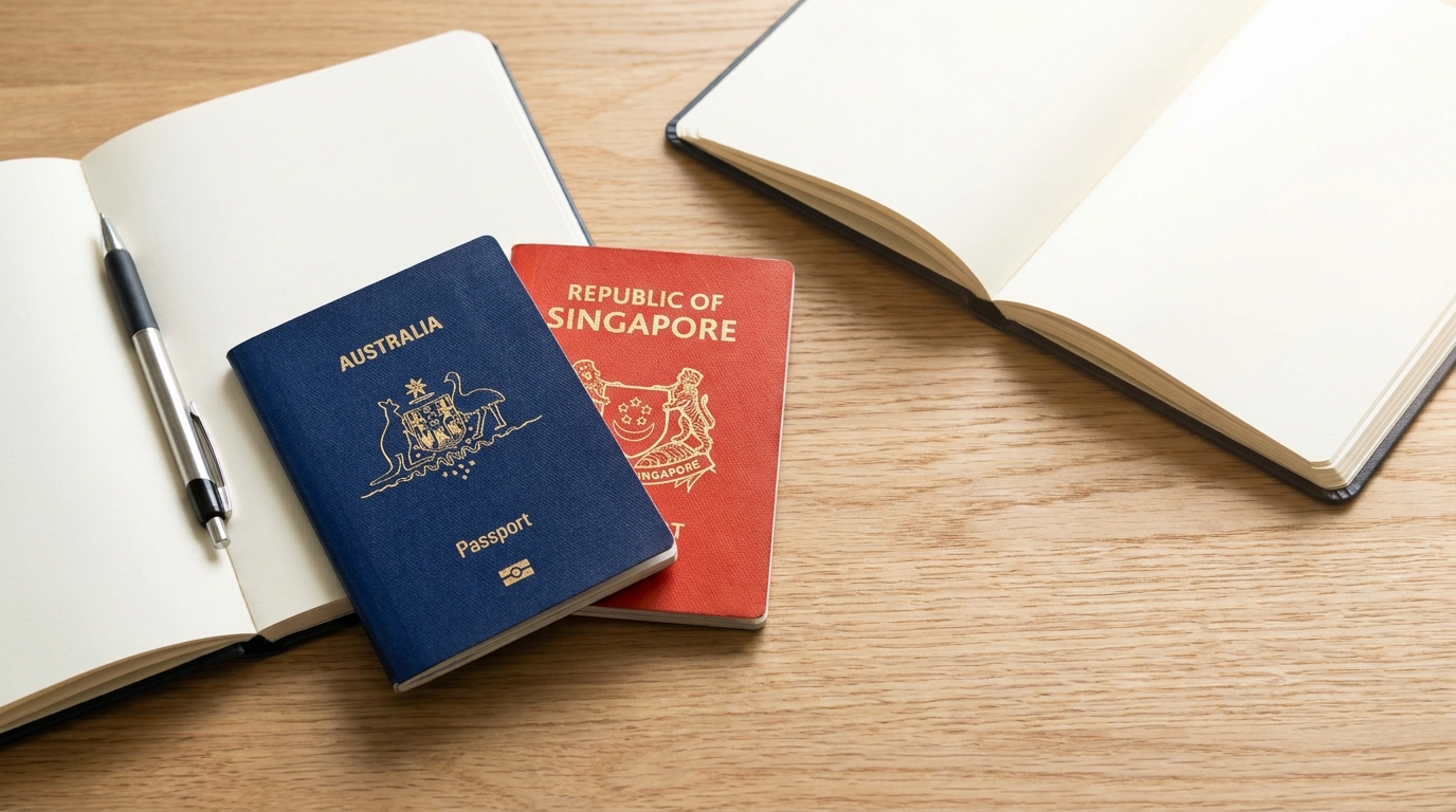 An Australian passport with a Singapore passport placed beside it on a clean wooden desk, a notebook and pen nearby, photographed from directly above in soft natural light