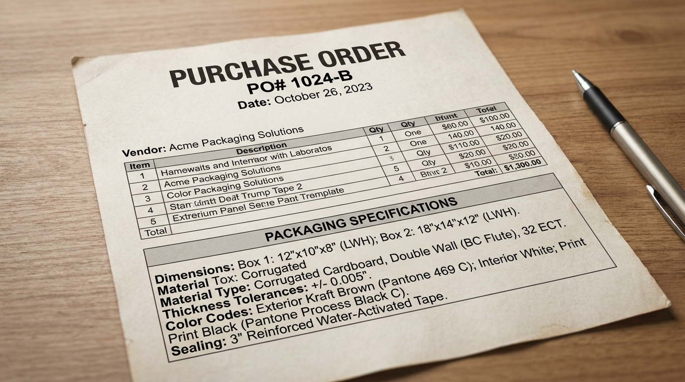 Purchase order document with detailed packaging specifications including dimensions, material type, thickness tolerances, and color codes