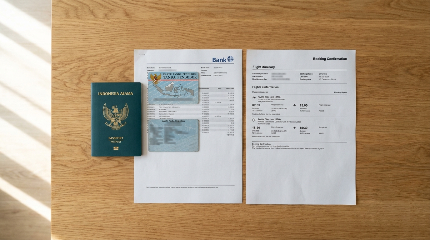 An Indonesian passport, a KTP card, a printed bank statement, and a printed flight itinerary laid out flat on a light wooden table, top-down view, natural daylight from window