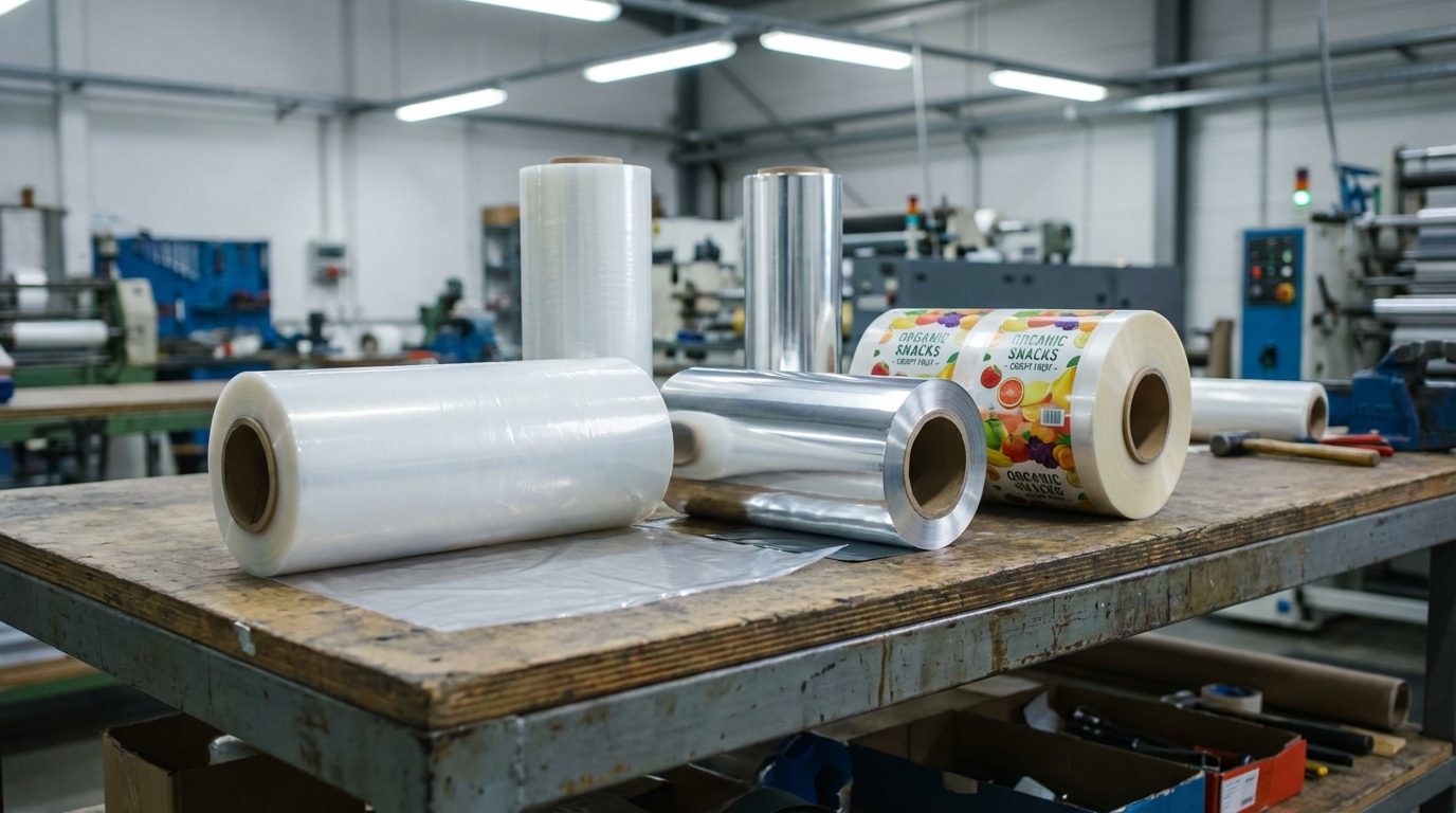 Several rolls of different flexible packaging films laid out on a factory table, showing transparent PE film, metallic aluminum foil, and printed BOPP film rolls side by side