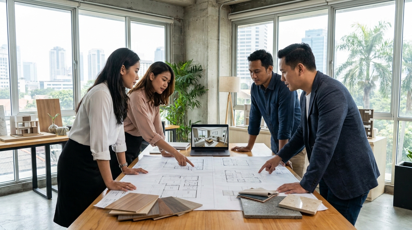 Four interior designers and a project manager around a meeting table in a Jakarta studio, reviewing technical drawings spread across the table, with material samples and a laptop showing a 3D rendering