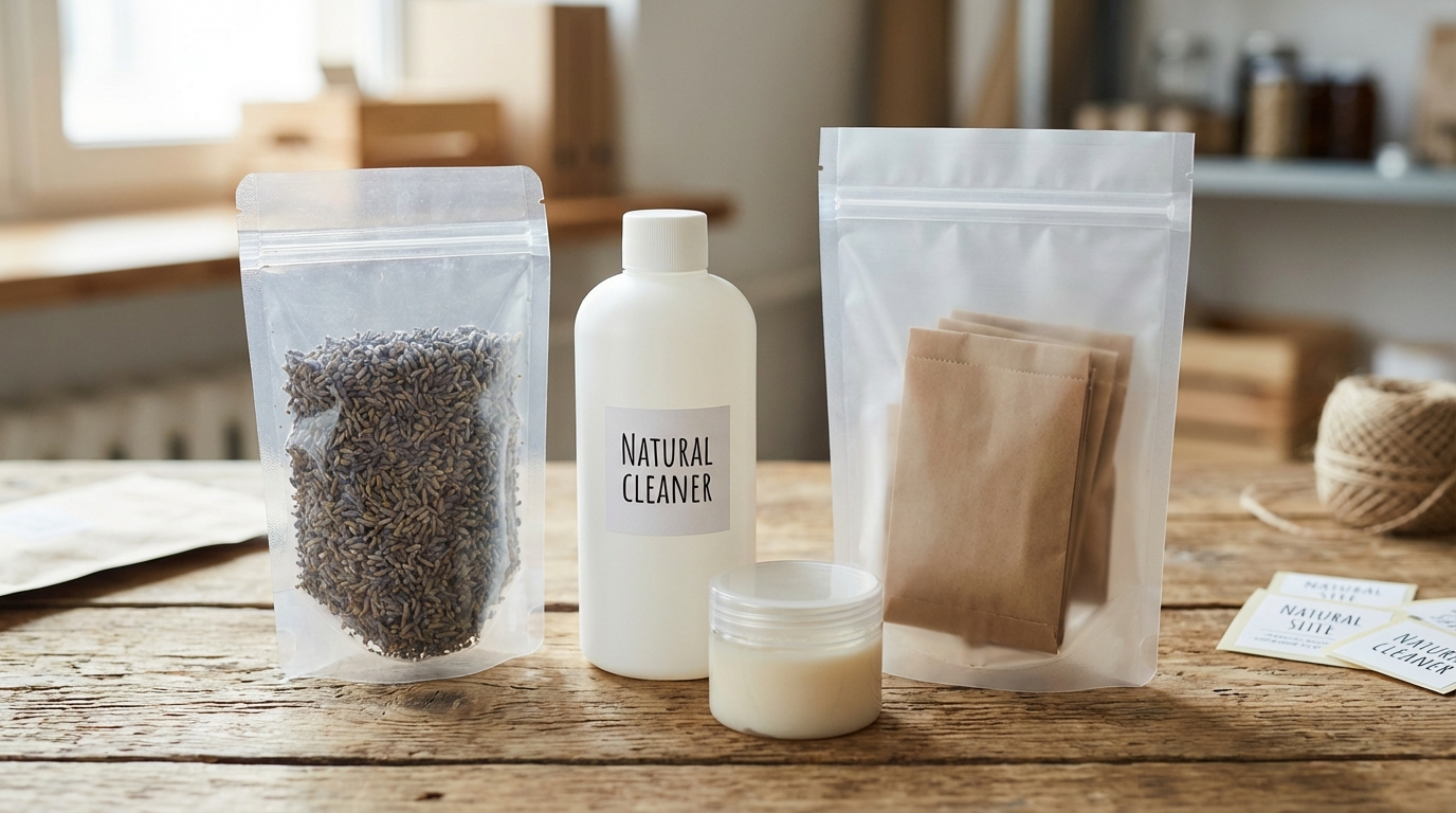 Berbagai jenis kemasan plastik untuk UMKM tertata di meja — standing pouch, botol plastik HDPE kecil, jar PP, dan pouch ziplock, semuanya ukuran kecil untuk produk rumahan