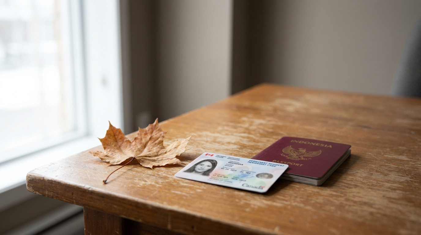 A Canadian permanent resident card lying on a wooden desk next to an Indonesian passport and a maple leaf, soft natural daylight from the side, neutral background