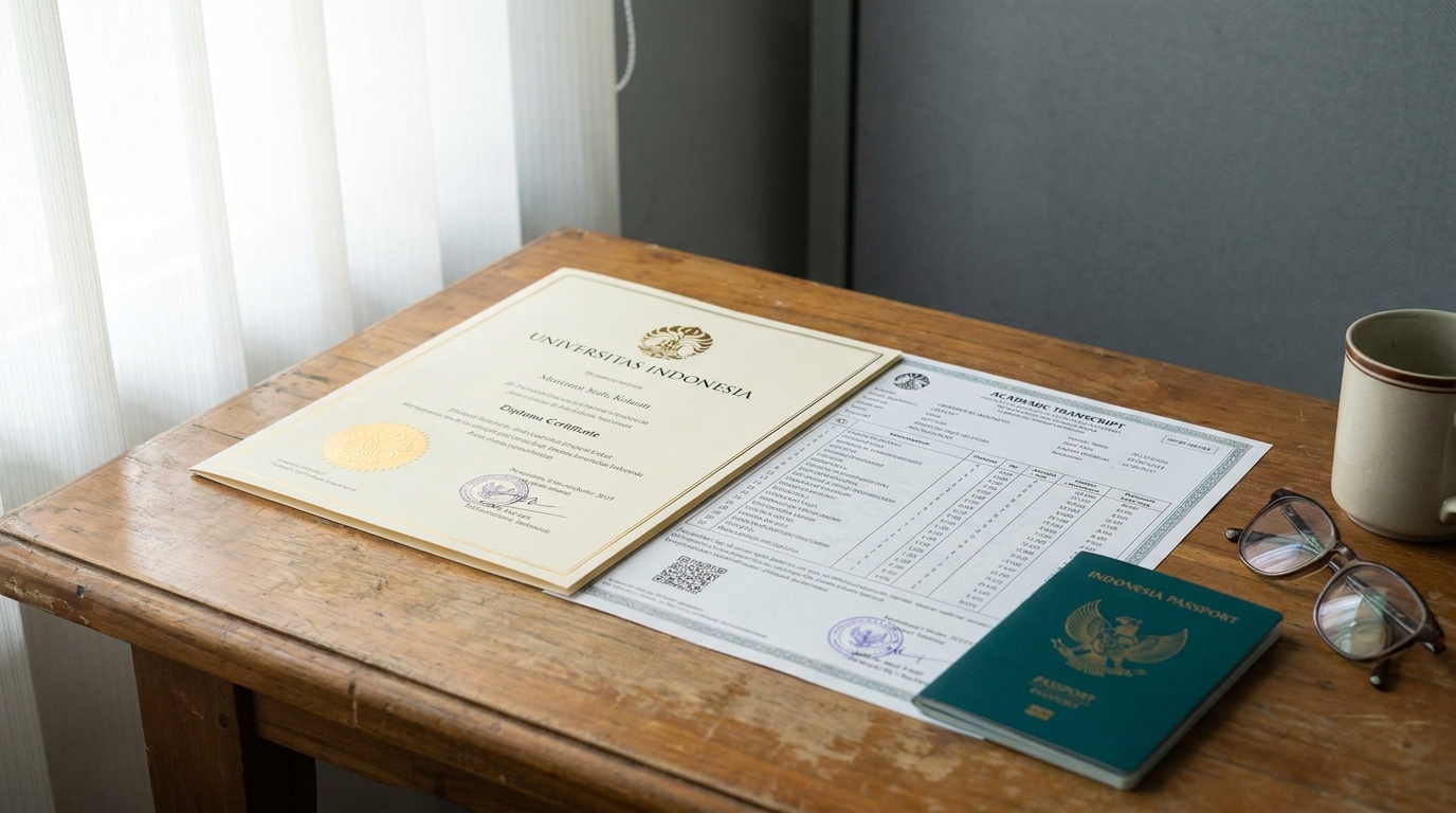 An Indonesian university diploma certificate and academic transcript laid flat on a wooden desk next to an Indonesian passport, soft natural daylight from a window, neutral muted background, realistic photograph