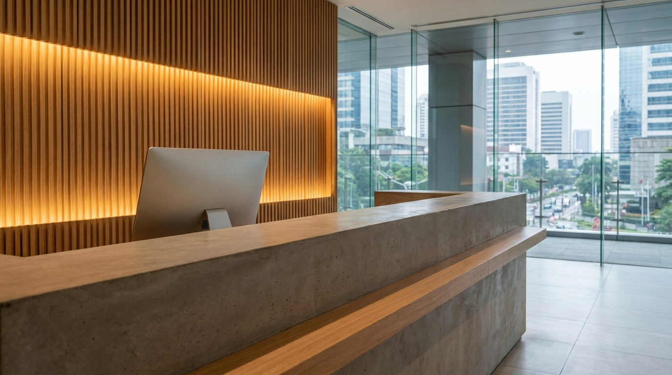 A minimalist reception desk with a low counter, an angled monitor, indirect lighting from a warm timber wall panel behind, in a Jakarta commercial office setting
