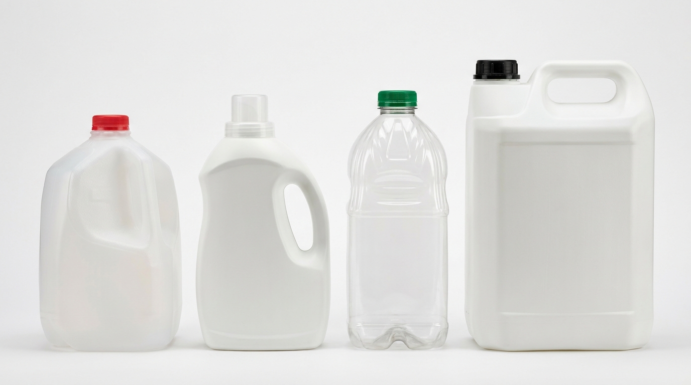 A row of HDPE plastic bottles and jerrycans on a white background, including milk jugs, detergent bottles, and a 5-liter jerrycan, showing rigid white and translucent plastic containers